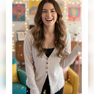 Twik Cream Beige Ribbed Knit Cardigan Embroidered V-Neck - Y2K Fairycore size XL